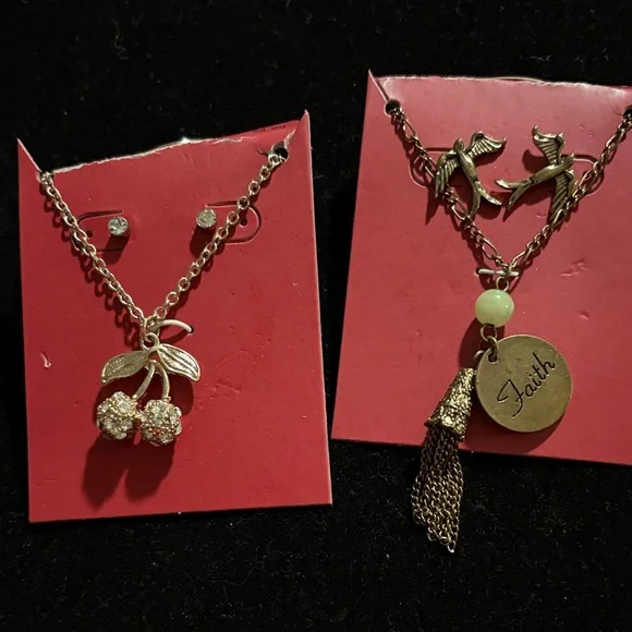 Gold Cherry and Bird Pendant Necklace Set - Picture 1 of 3